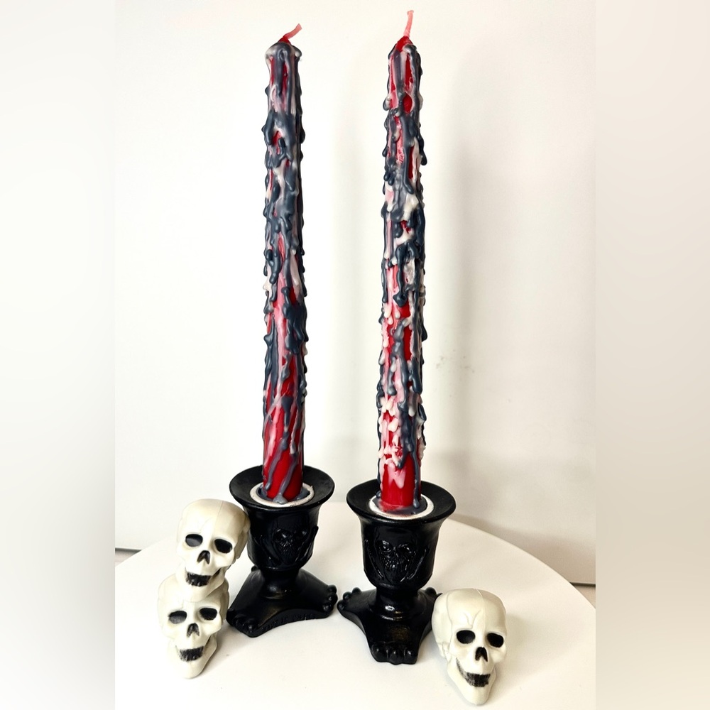 Hand Crafted Set of 2 Black Skull Taper Candle Holders w 2 Hand Dipped Candles